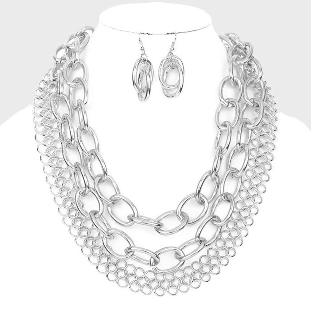 Three Layers Silver Tone Link Necklace Earring